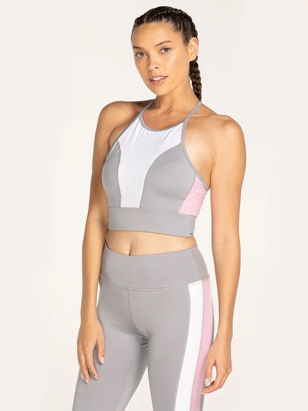 Women's Grey & Pink High-Neck Sports Crop Top